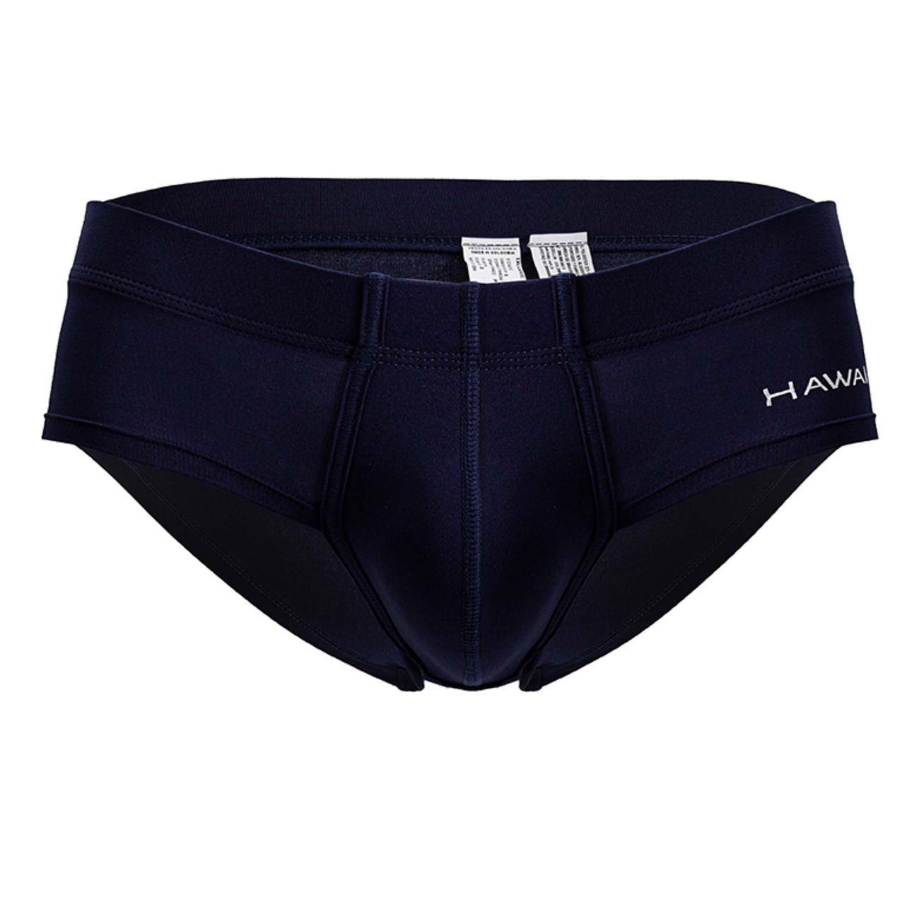 Navy blue microfiber briefs with a subtle white hawaii logo on the side for swimwear use