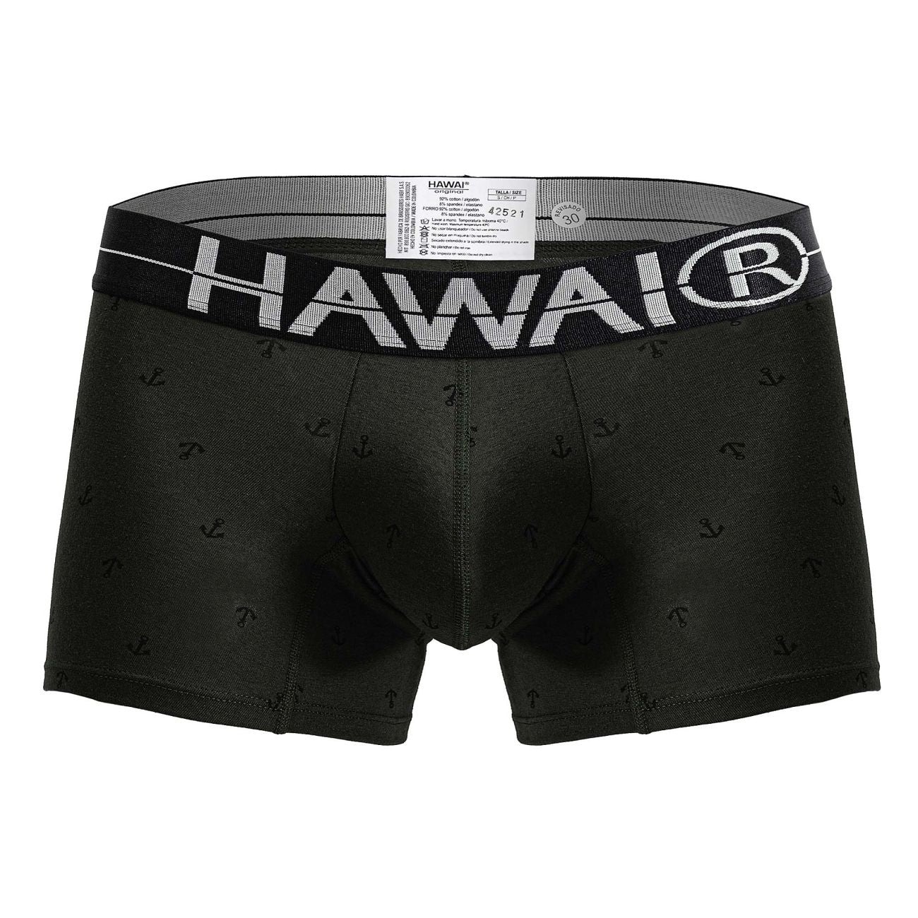 Black Hawai men’s boxer briefs military green cotton blend with subtle anchor pattern and white logo waistband