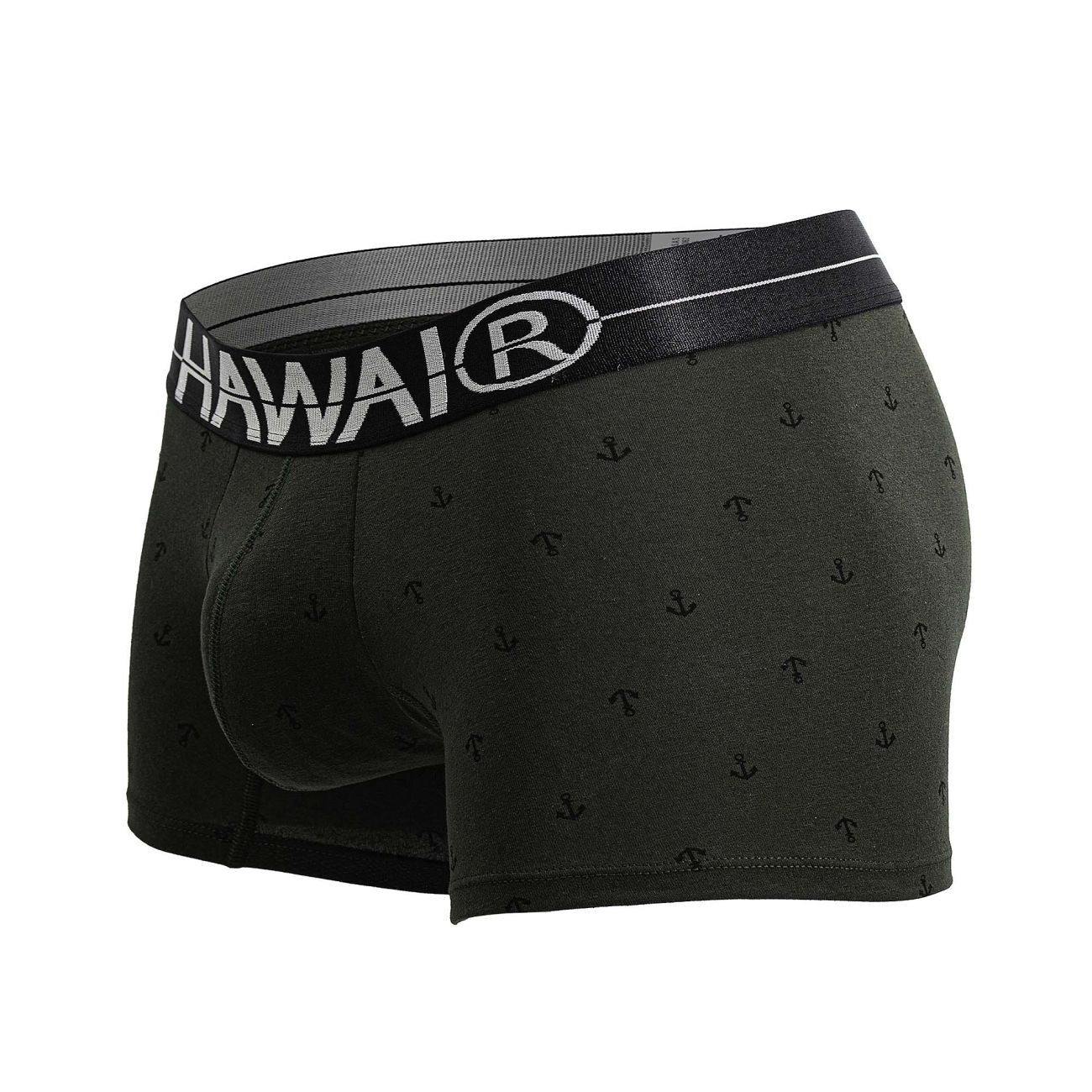 Black hawaiian men’s cotton blend boxer briefs in military green with subtle anchor pattern and branded elastic waistband