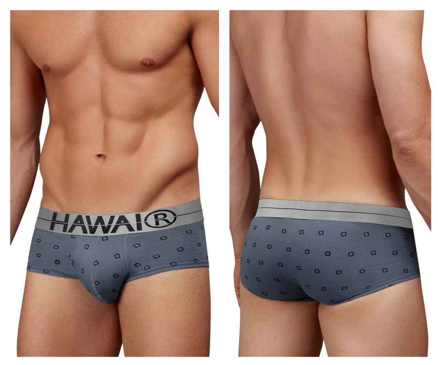 Gray hawaii brand cotton blend briefs with a subtle dark square pattern and gray waistband featuring the hawai logo