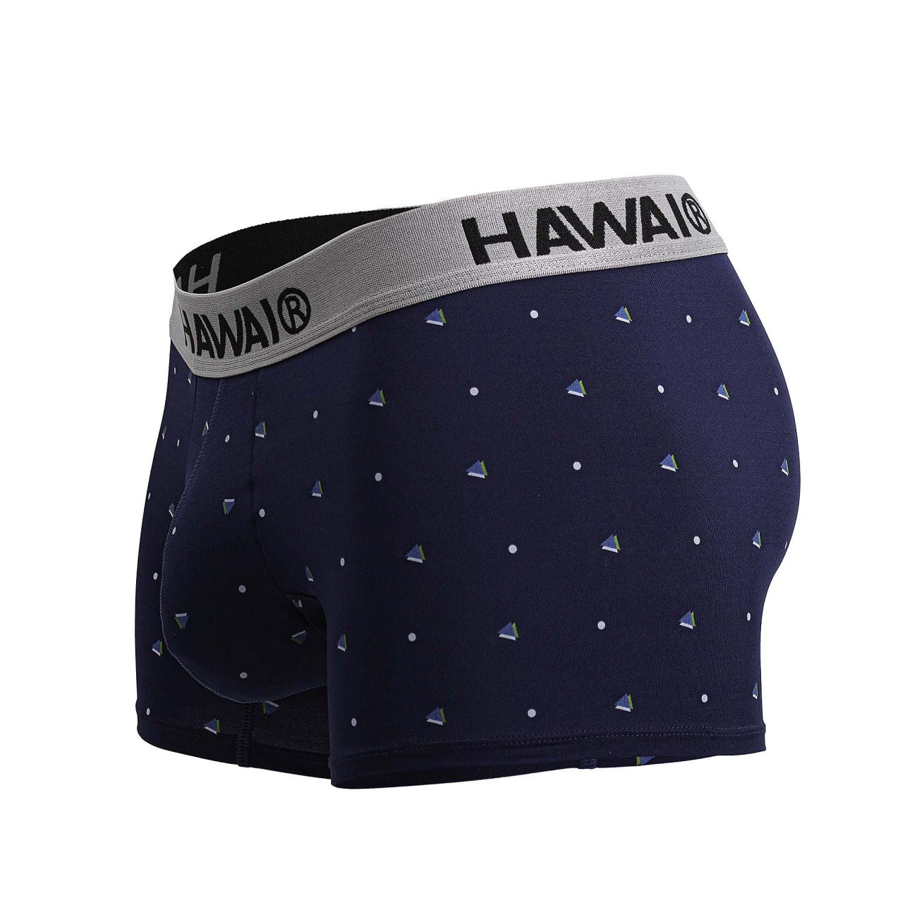 Navy blue hawaii microfiber trunks with gray waistband and silver white triangular dot patterns for men