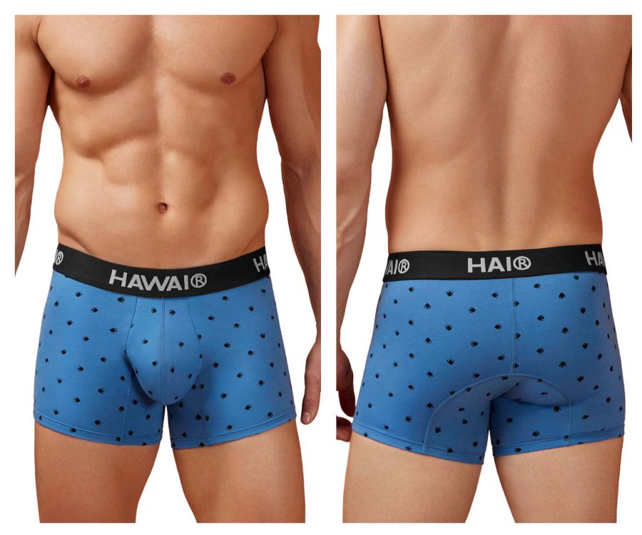 Blue hai boxer briefs in cotton blend featuring black palm tree patterns and a black waistband in blue quartz color