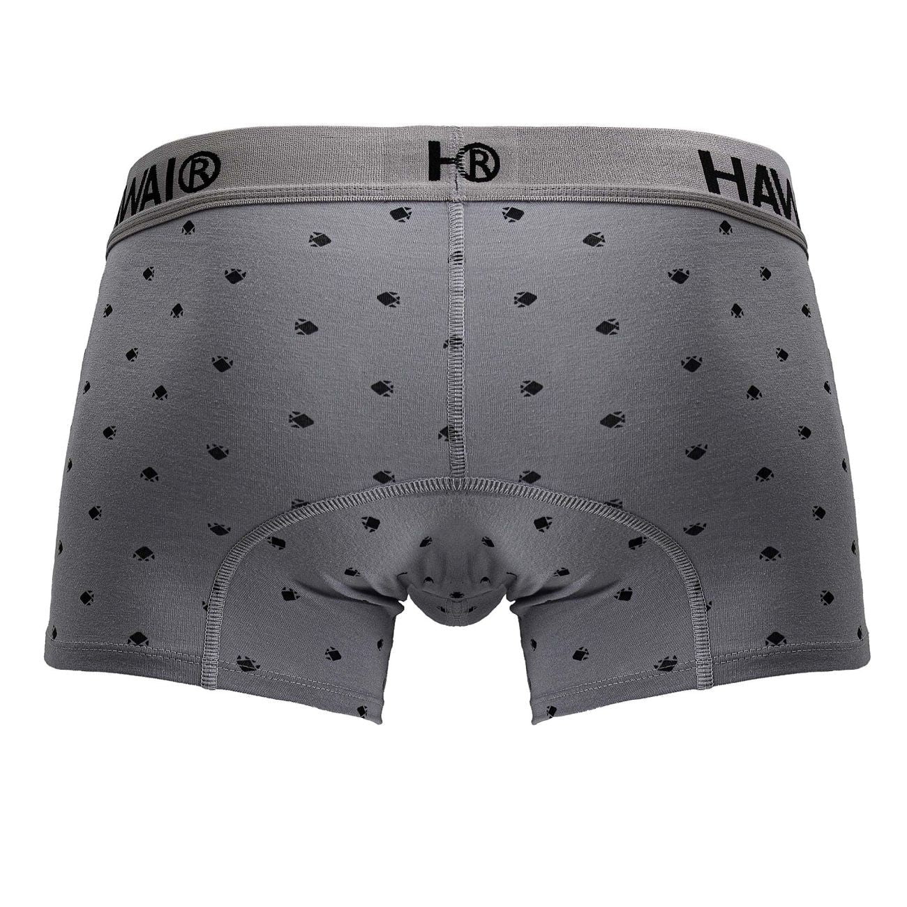 Gray cotton blend boxer briefs with subtle black fish pattern and hawai elastic waistband in trunks style