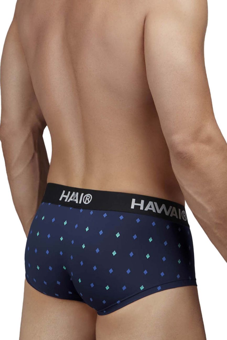 Navy blue hawaï 42580 microfiber briefs with subtle teal and purple diamond pattern and black hai elastic waistband
