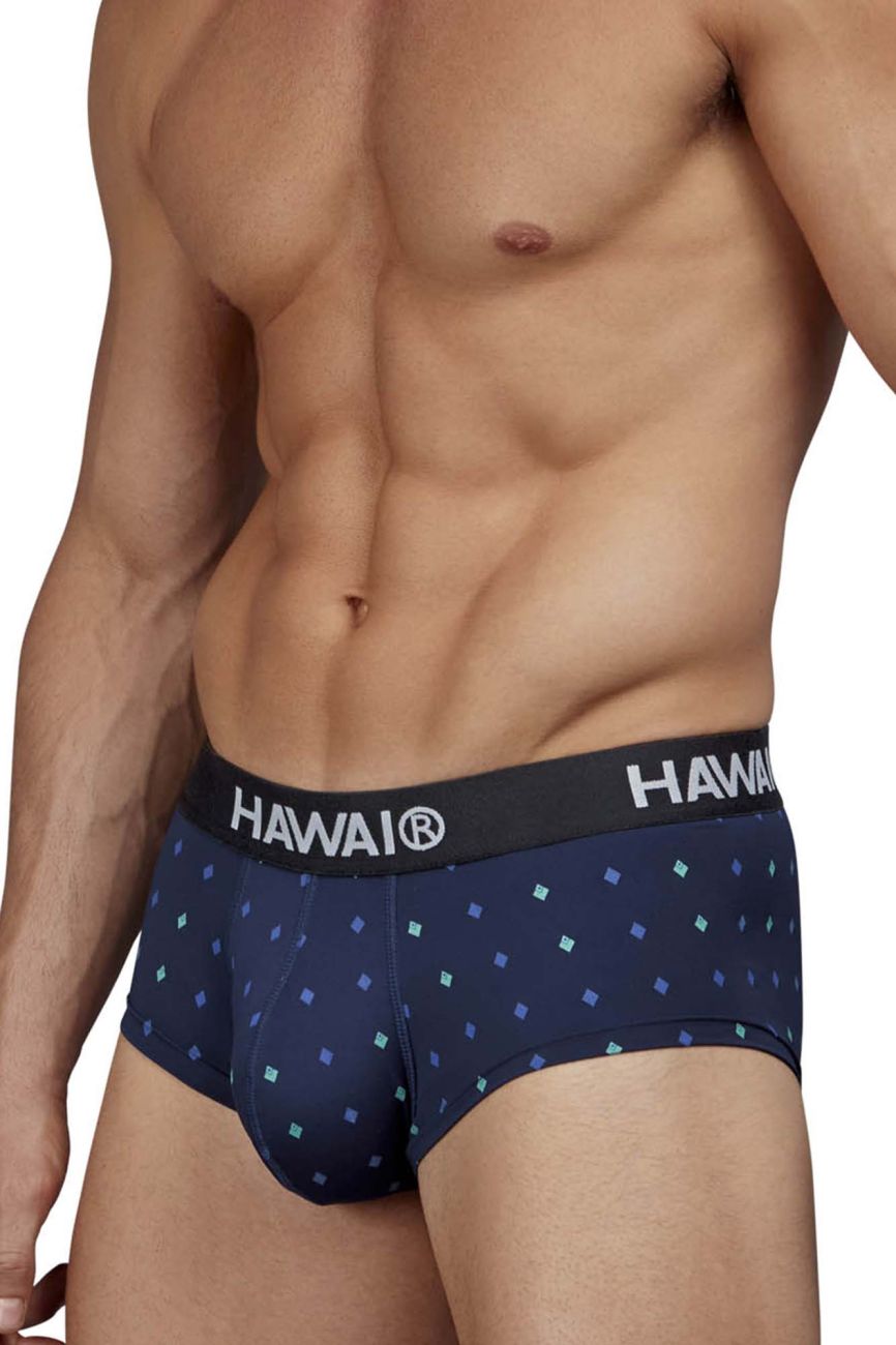 Navy blue hawaï 42580 microfiber briefs with light teal and purple square pattern and black waistband branding
