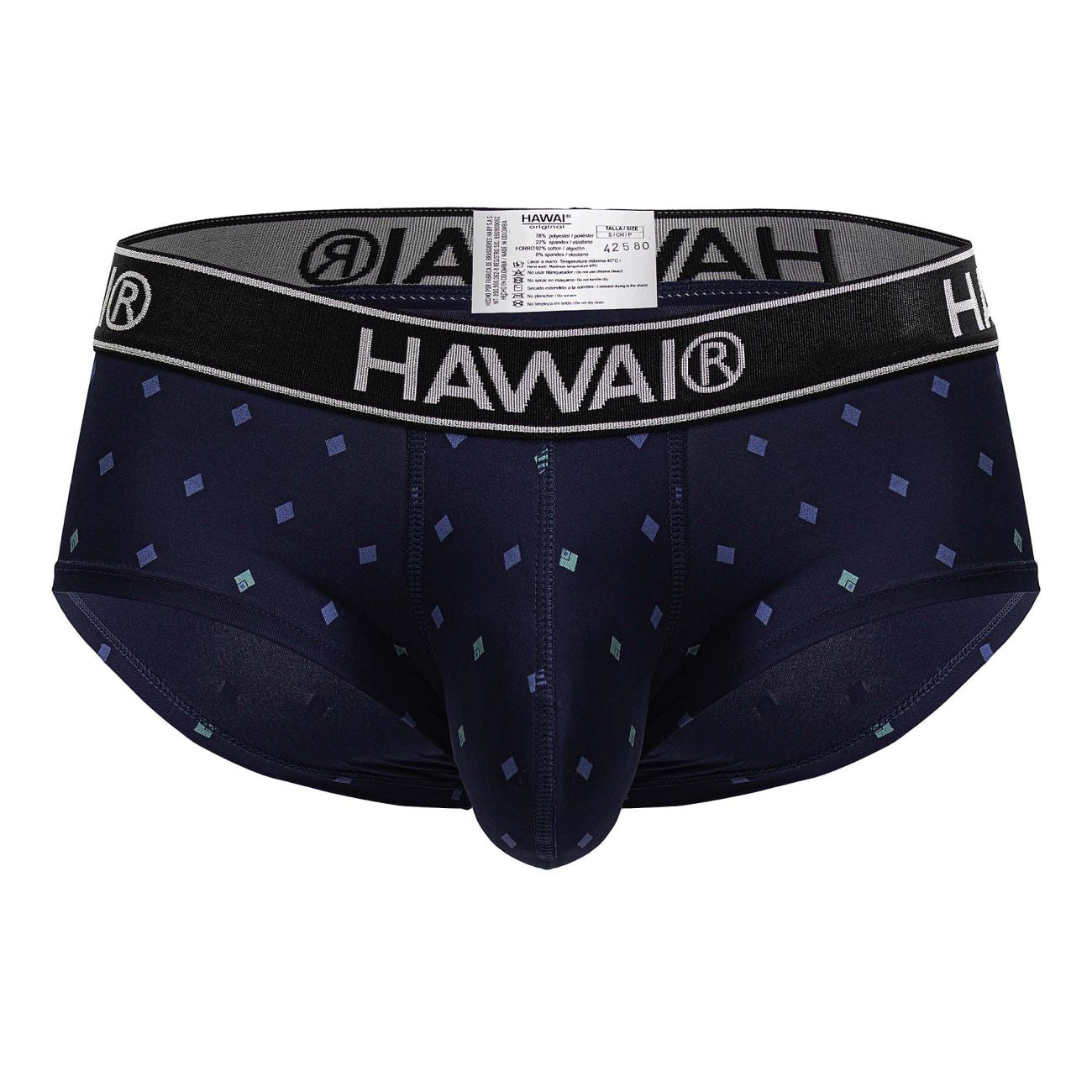 Dark navy blue HAWAI 42580 microfiber men’s briefs with light purple and teal diamond pattern across fabric