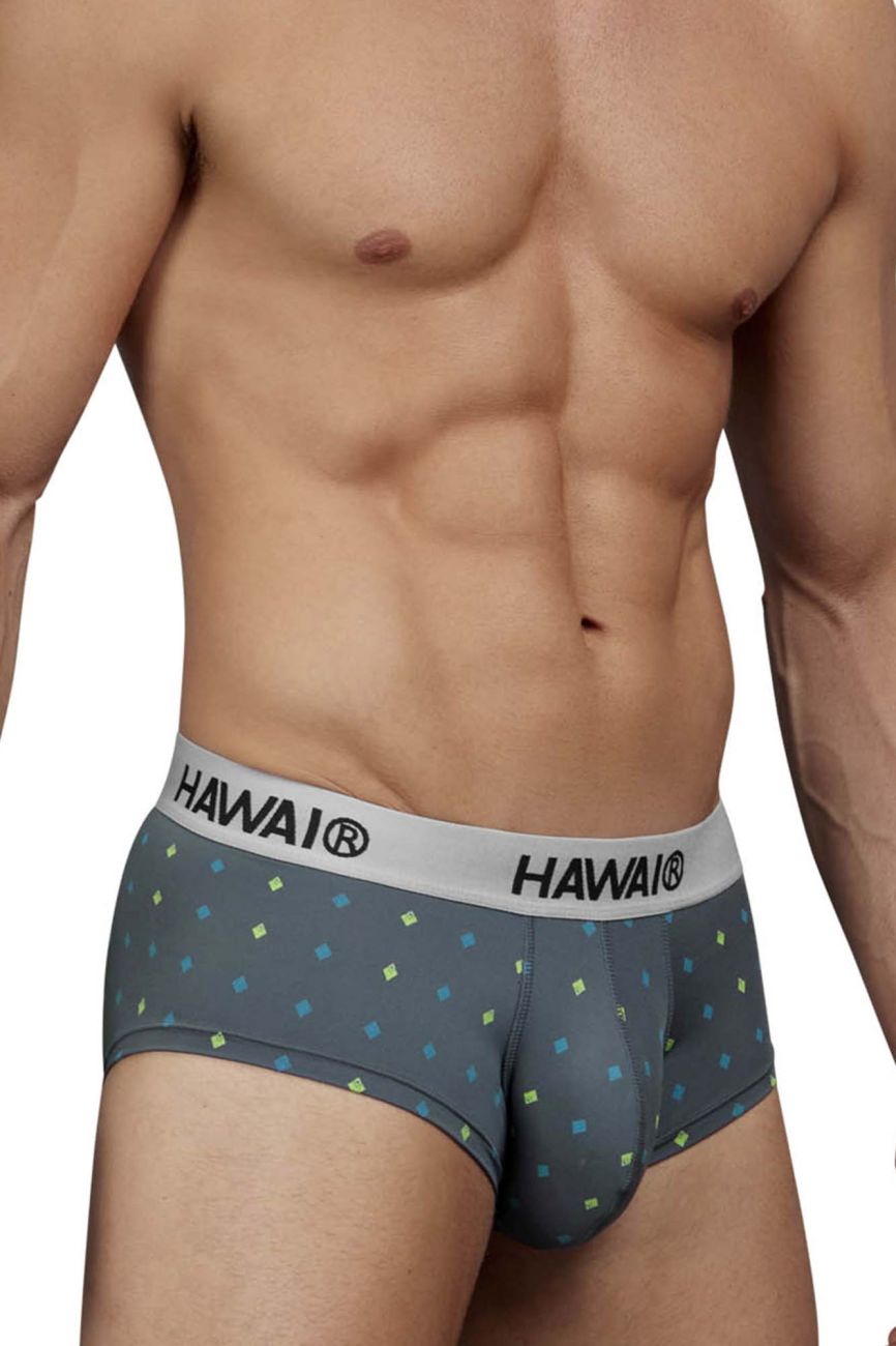 Gray hawai 42580 microfiber men’s briefs with a subtle pattern of small blue and yellow squares on gray fabric