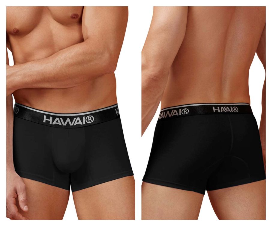 Black hawai brand men’s cotton blend briefs in black with a contrasting white elastic waistband featuring the logo