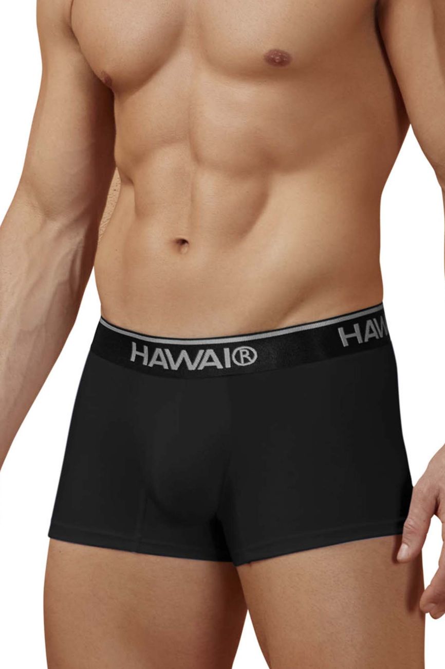 Black hawaiian boxer briefs with gray elastic waistband featuring hawaii logo made from cotton blend material