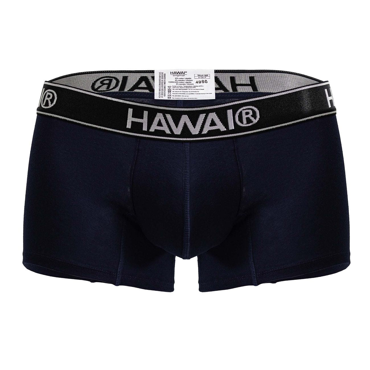 Black hawai men’s dark blue cotton blend boxer briefs with gray and black waistband featuring bold white logo