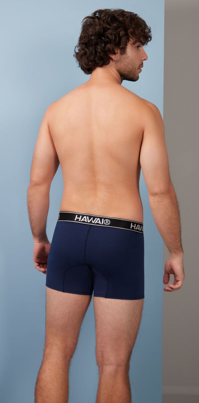 Navy blue Havai boxer briefs in cotton blend with black elastic waistband and white lettering for comfortable wear