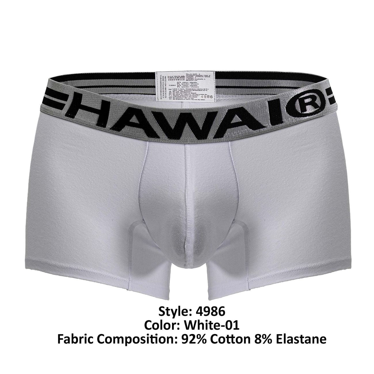 White hawaii brand cotton blend boxer briefs in white with gray and black elastic waistband featuring bold lettering
