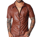 Brown short-sleeve button-down shirt in smooth faux leather with a classic collar and single chest pocket.