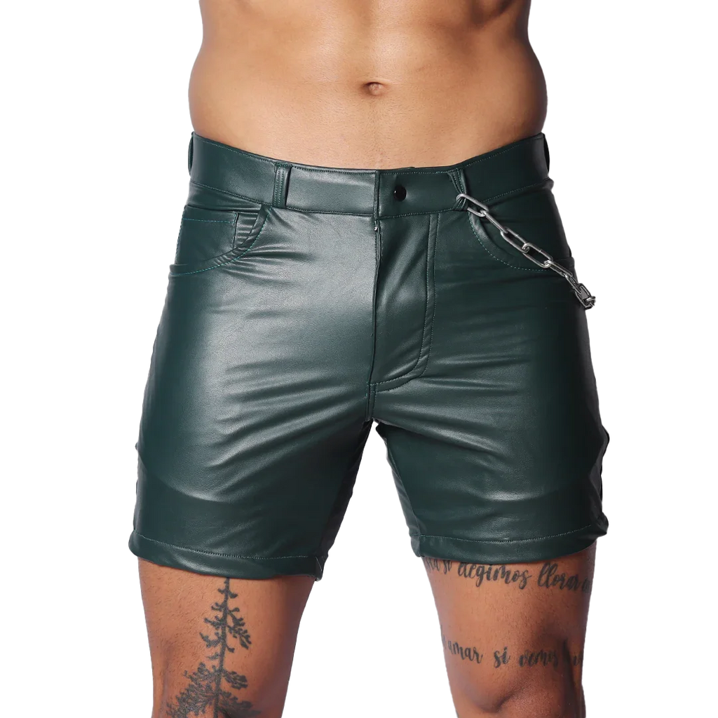 Dark green faux-leather shorts with a button closure, belt loops, and a decorative silver chain on the front pocket.