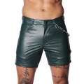 Dark green faux-leather shorts with a button closure, belt loops, and a decorative silver chain on the front pocket.