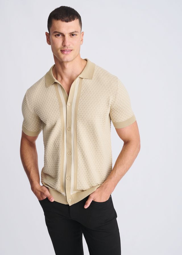 HONEYCOMB TEXTURED BUTTON FRONT KNIT SHIRT - DealByEthan.gay loves POSTMARC