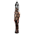 Black leather hanging rubber strap cage harness with diamond-shaped lattice design and metal hardware