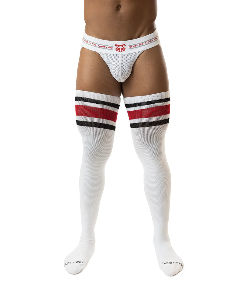 White mesh briefs paired with red and black striped nasty pig thigh high socks in the hookd up collection