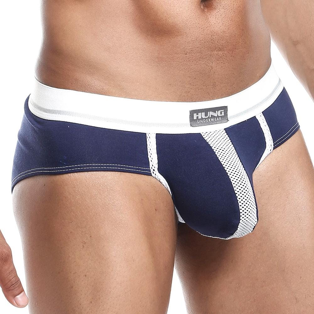 Navy blue and white mesh-trimmed men’s briefs with branded waistband hung hgJ009 race brief shown from front