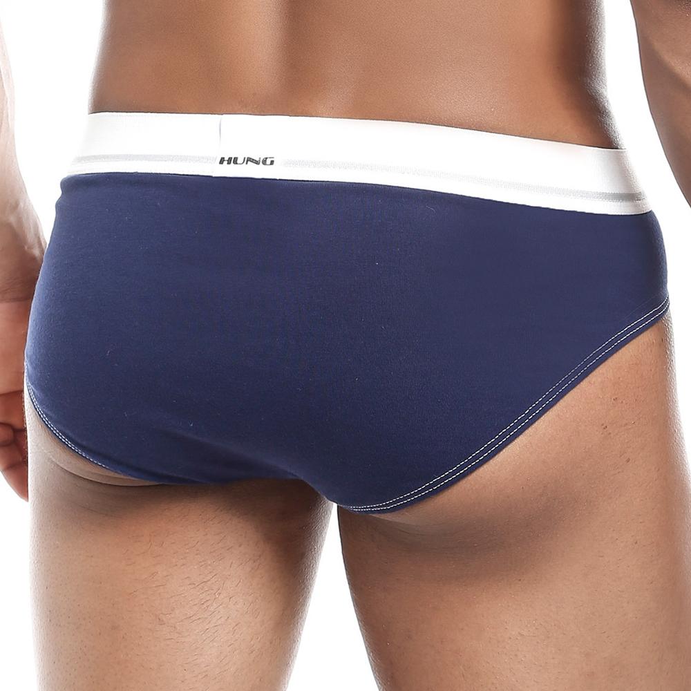 Navy blue hung hgJ009 race brief with a white waistband featuring black hung brand logo text