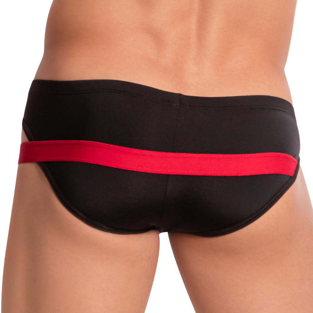 Hung hgJ015 brief black swim trunks with bold red waistband designed for comfortable swimwear use