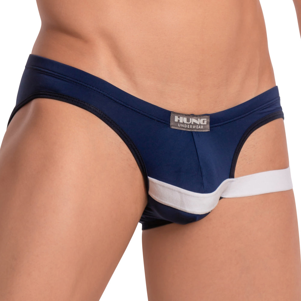 Navy blue and white striped men’s briefs with black trim and hung label in the hung HGJ015 brief design