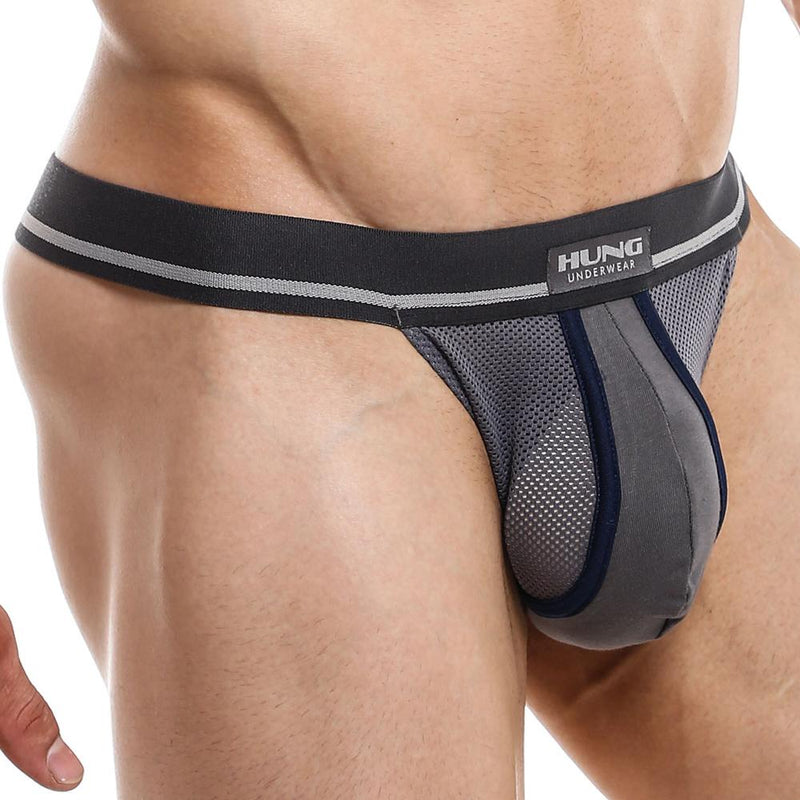 Black and gray mesh briefs with branded waistband from hung underwear showing the back side in hung hgl008 g-string style