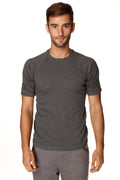 Men’s dark gray heathered short sleeve hybrid crew neck raglan tee made from breathable athletic fabric for active wear