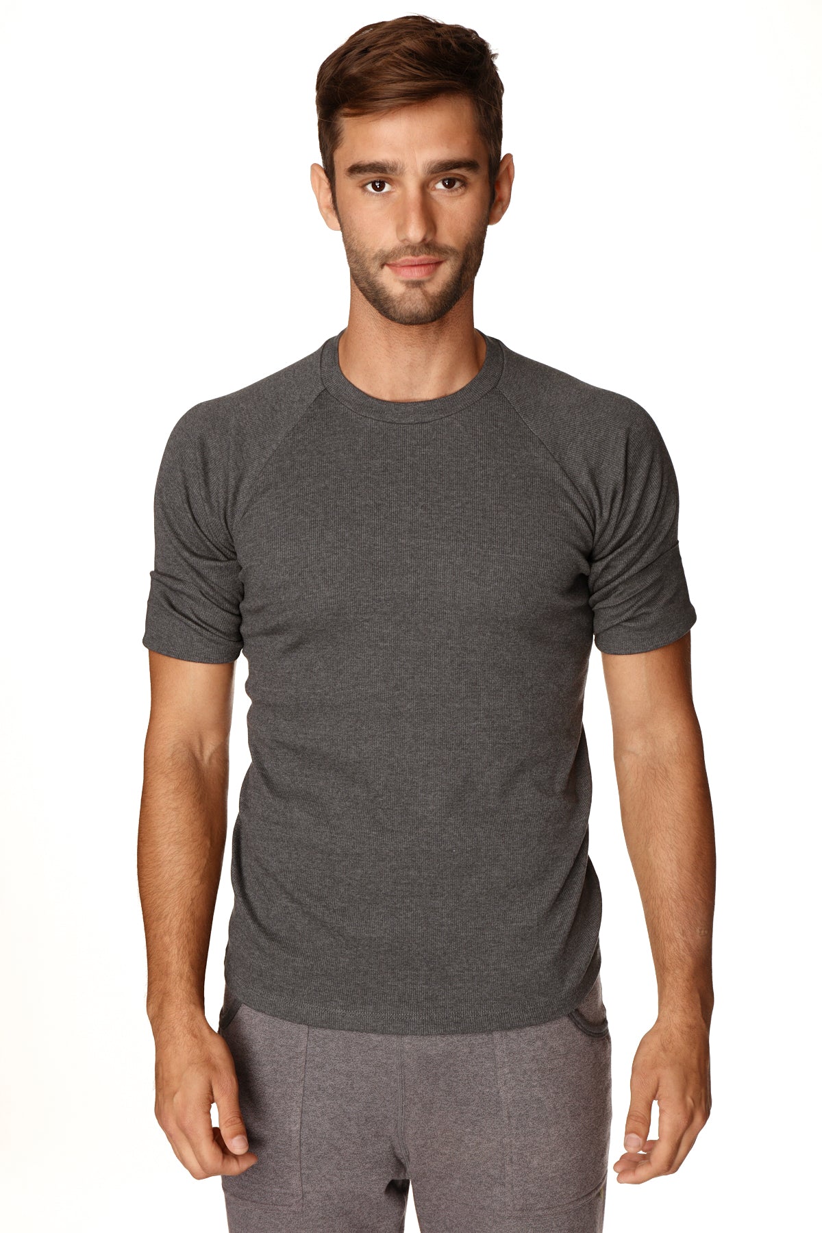 Men’s dark gray heathered short sleeve hybrid crew neck raglan tee made from breathable athletic fabric for active wear