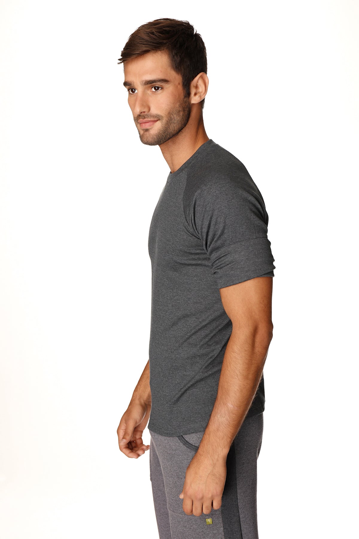 Dark gray heathered short-sleeved hybrid crew neck raglan tee with soft breathable fabric for casual wear