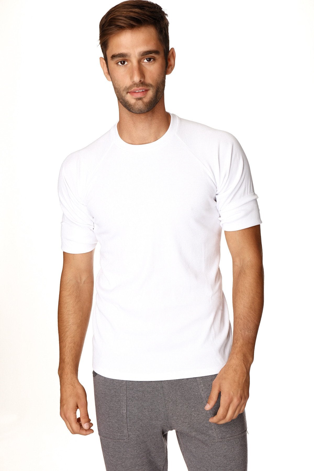 White short-sleeved hybrid crew neck raglan tee made from soft breathable fabric for casual wear
