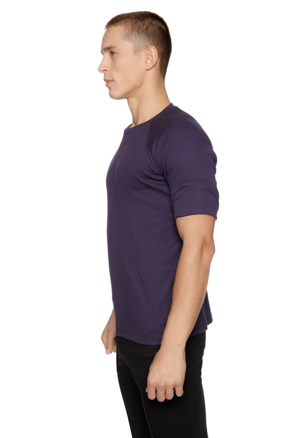 A dark purple short-sleeved hybrid crew neck raglan tee made of soft cotton fabric called eggplant