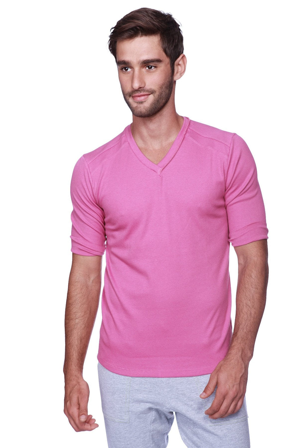 A vibrant berry hybrid v-neck short-sleeved shirt made of smooth lightweight fabric perfect for casual wear