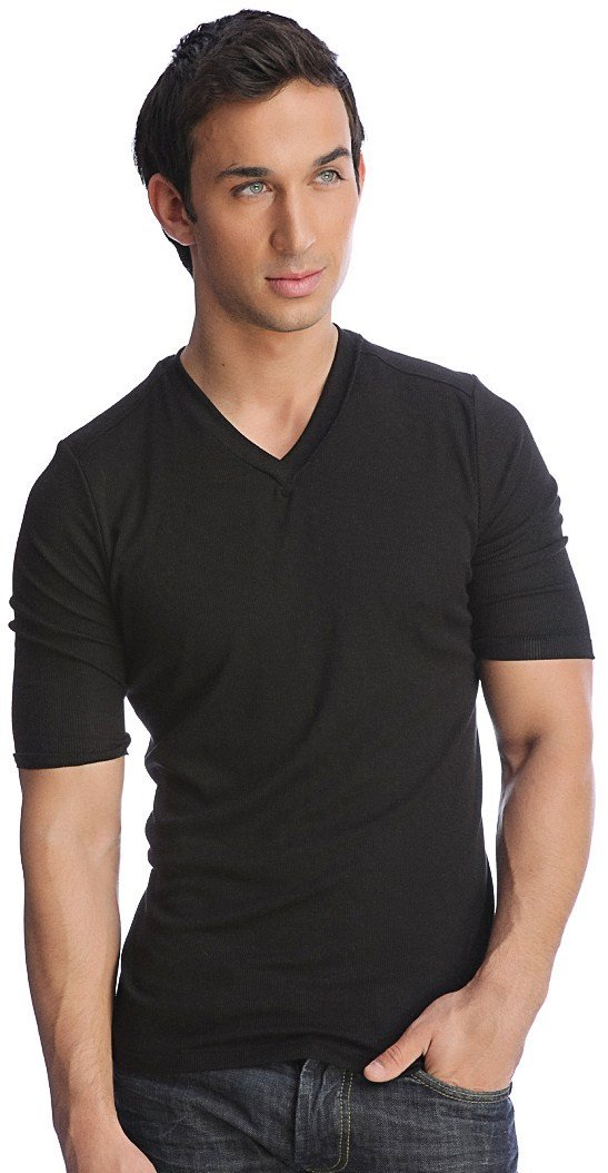 Black hybrid v-neck short-sleeve cotton tee showing front with soft breathable fabric for casual wear