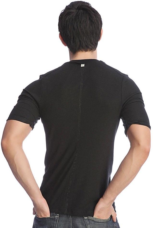 Back view of hybrid v-neck black short-sleeved t-shirt with a central zipper detail on the back