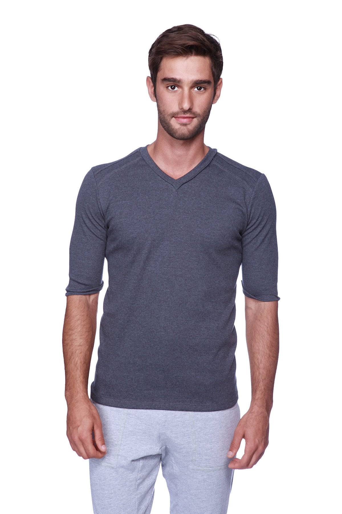 Dark gray textured hybrid v-neck short-sleeved shirt made of breathable fabric for casual and active wear