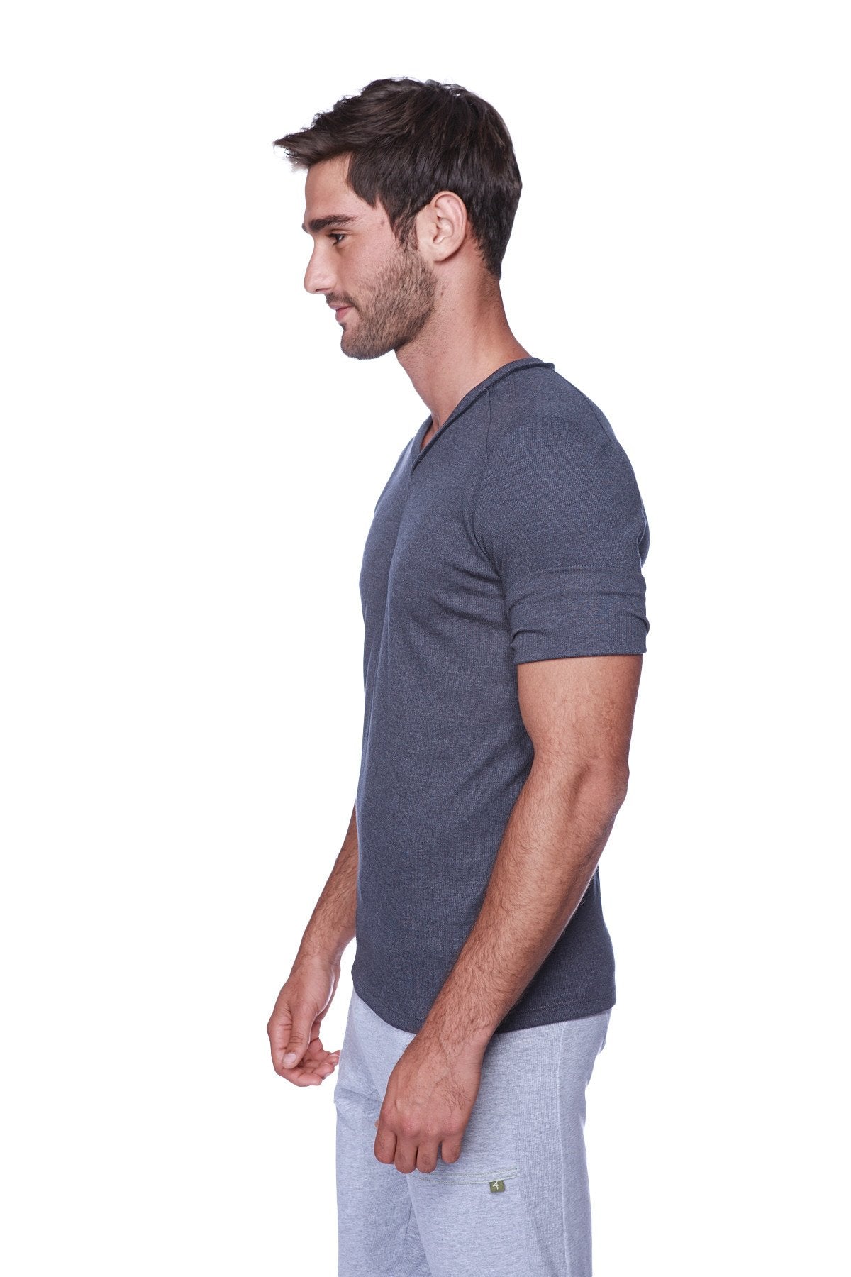 Dark gray textured short-sleeved hybrid v-neck t-shirt in charcoal with soft breathable fabric for casual wear