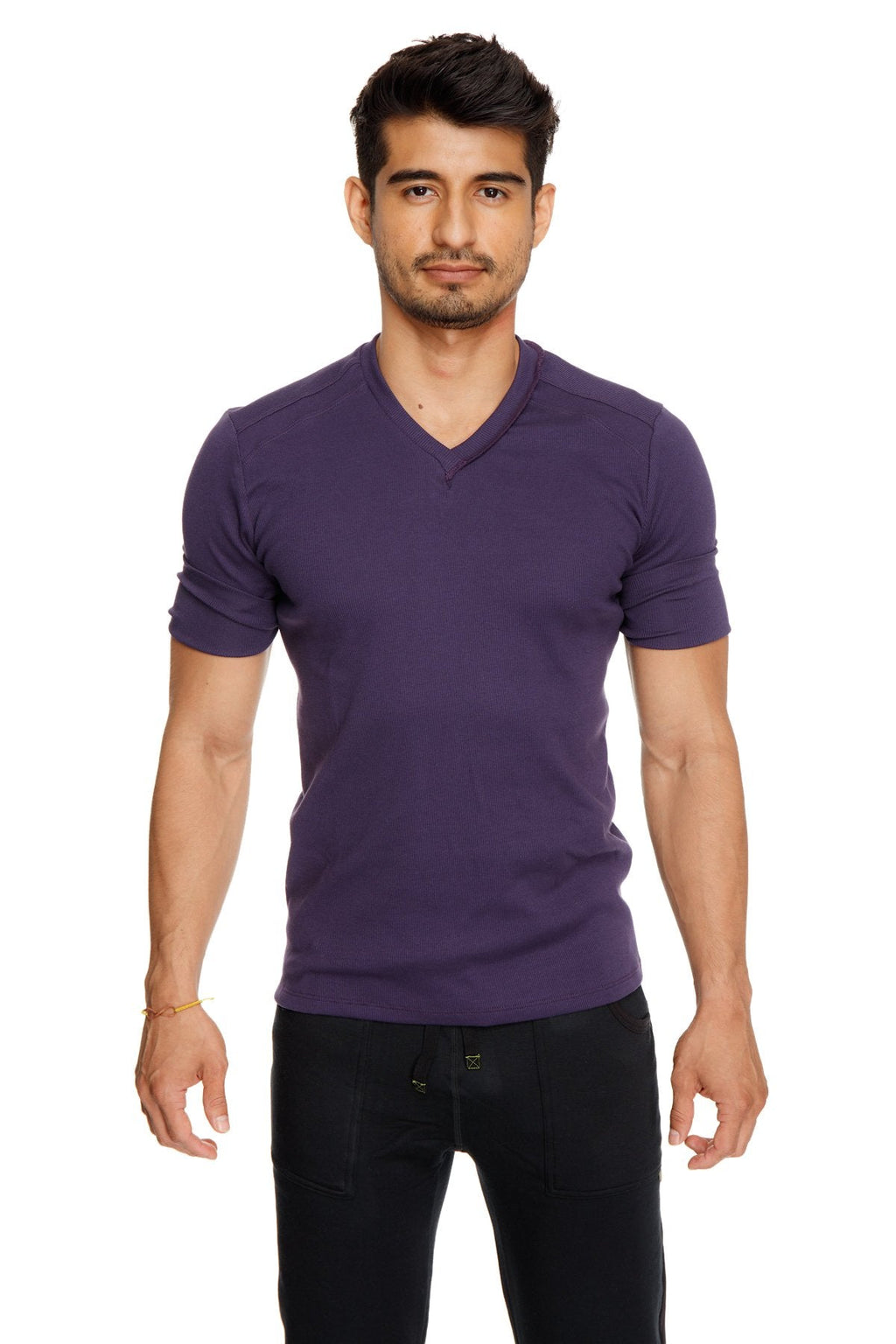 Purple v-neck short-sleeved cotton t-shirt hybrid v-neck in eggplant purple for casual wear