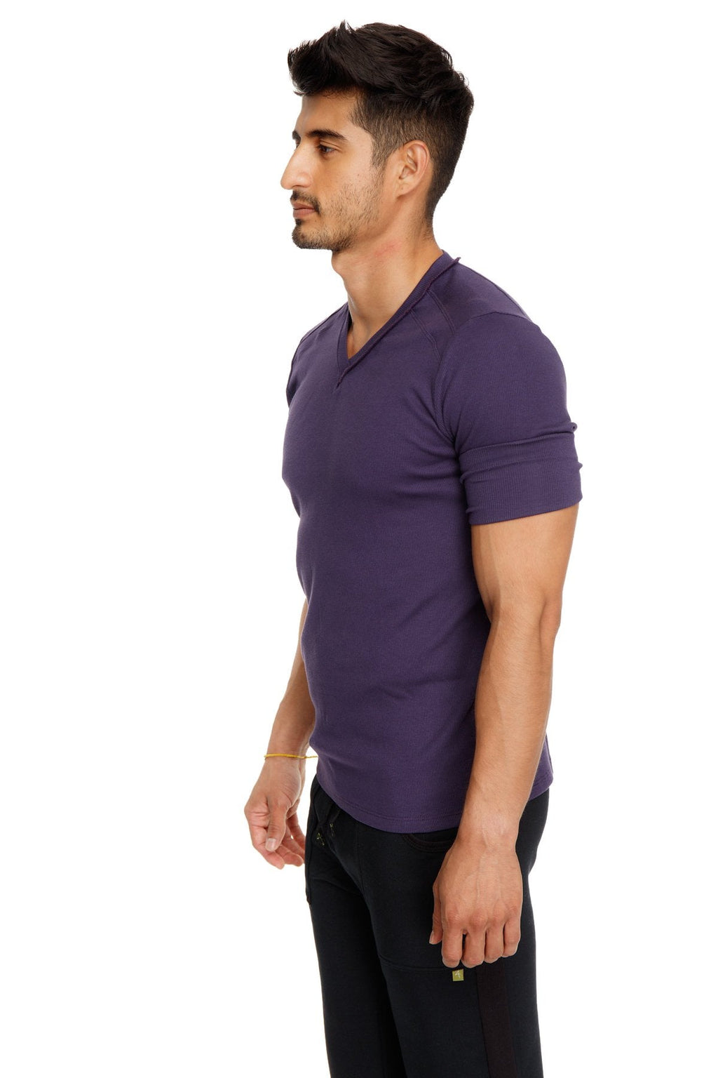 Hybrid v-neck short-sleeved t-shirt in eggplant purple made from soft breathable fabric for casual wear
