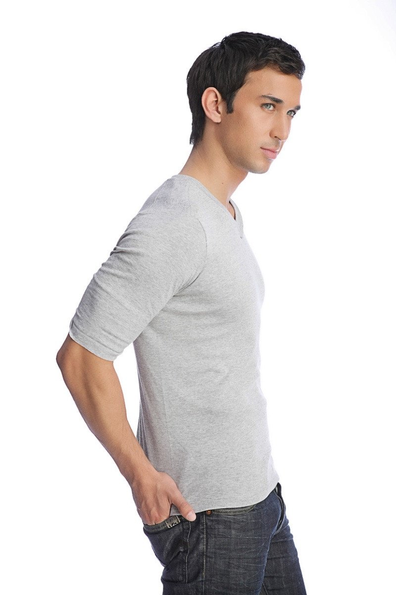 A light gray hybrid v-neck cotton t-shirt with three-quarter sleeves for comfortable casual wear