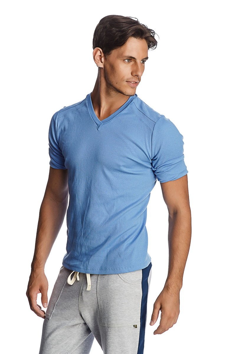 Light blue ribbed short-sleeve Hybrid v-neck t-shirt made from soft fabric for casual wear