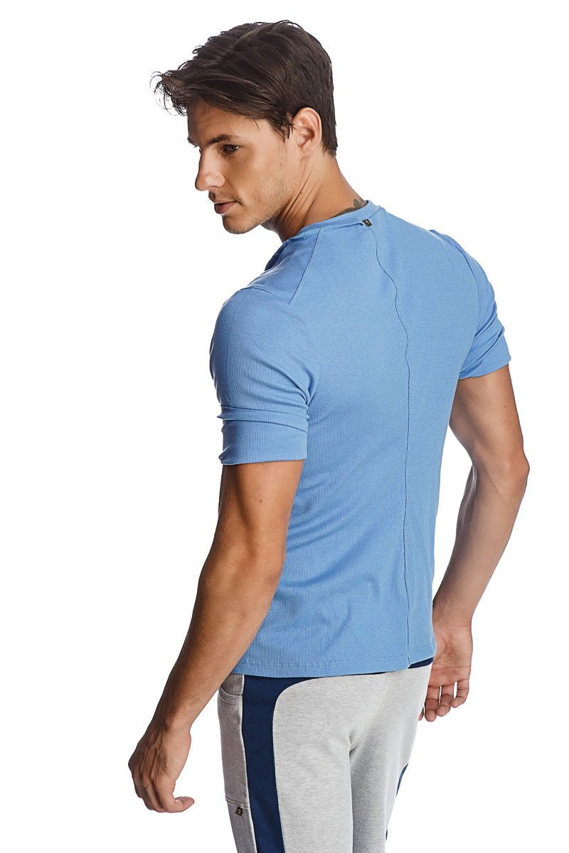 Light blue hybrid v-neck short-sleeved athletic shirt with ribbed texture and subtle seam detail on back side