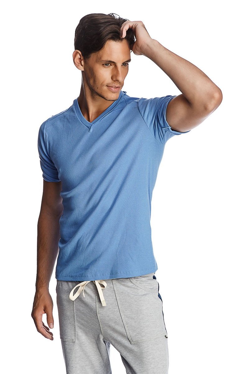 A light blue hybrid v-neck short-sleeved t-shirt with subtle ribbed texture for casual wear