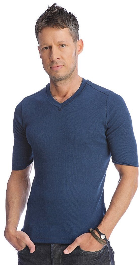 Navy blue short-sleeved hybrid v-neck cotton tee showcasing the front side with a royal color tone