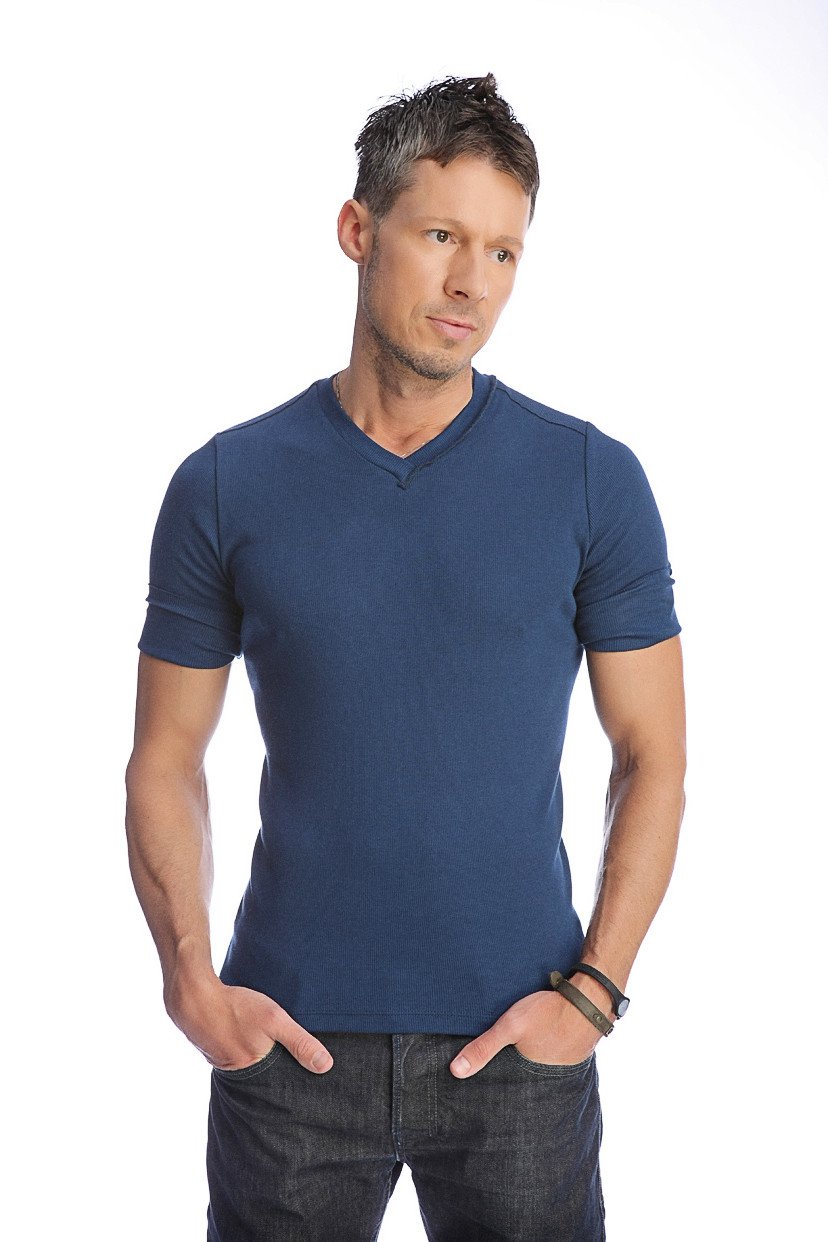 Navy blue short-sleeved hybrid v-neck cotton t-shirt ideal for casual wear in royal color tone
