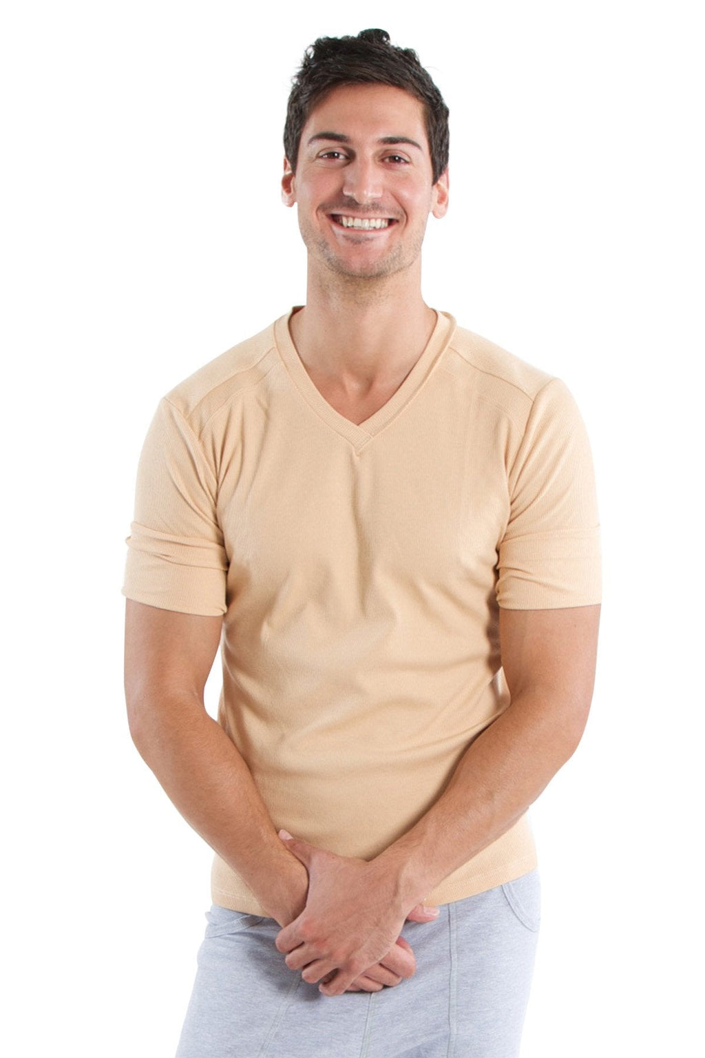 Beige v-neck short-sleeved cotton t-shirt hybrid v-neck sand beige with soft breathable fabric for casual wear