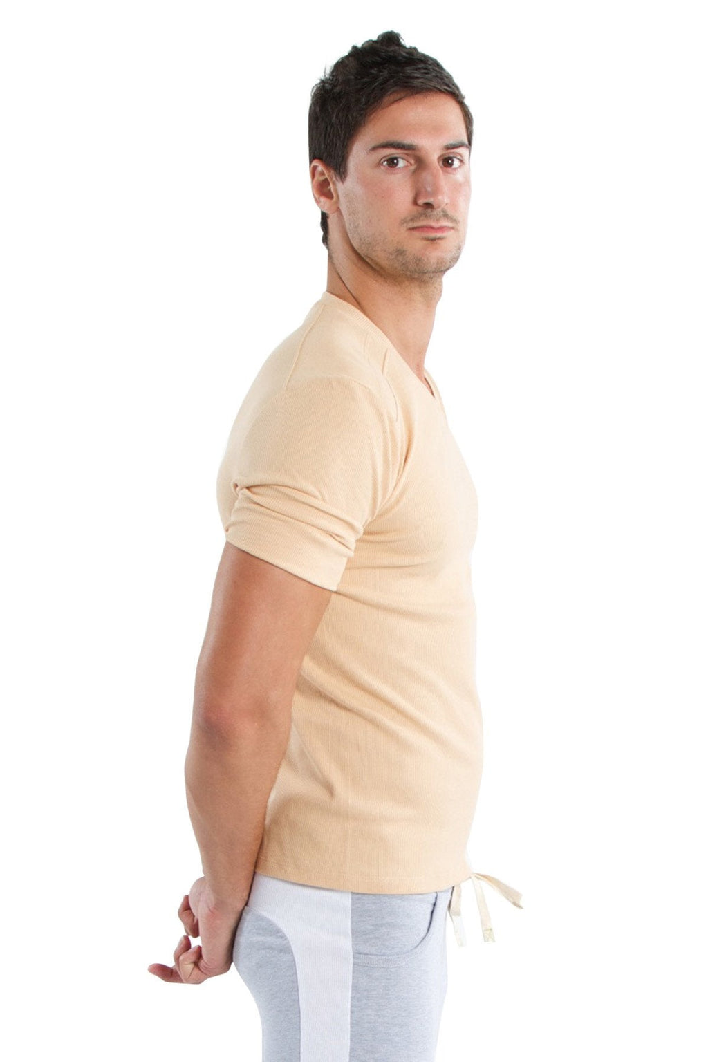 Beige v-neck short-sleeved t-shirt with rolled sleeves and drawstring hem hybrid v-neck sand beige