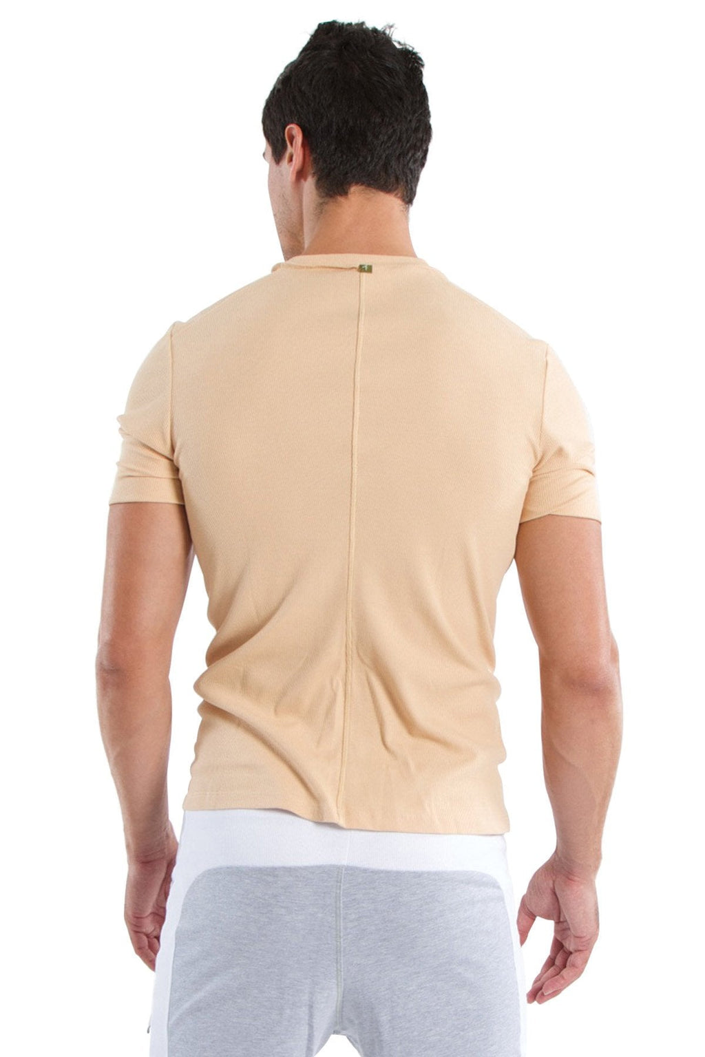 Beige short-sleeved hybrid v-neck t-shirt with a central back zipper shown from the back side