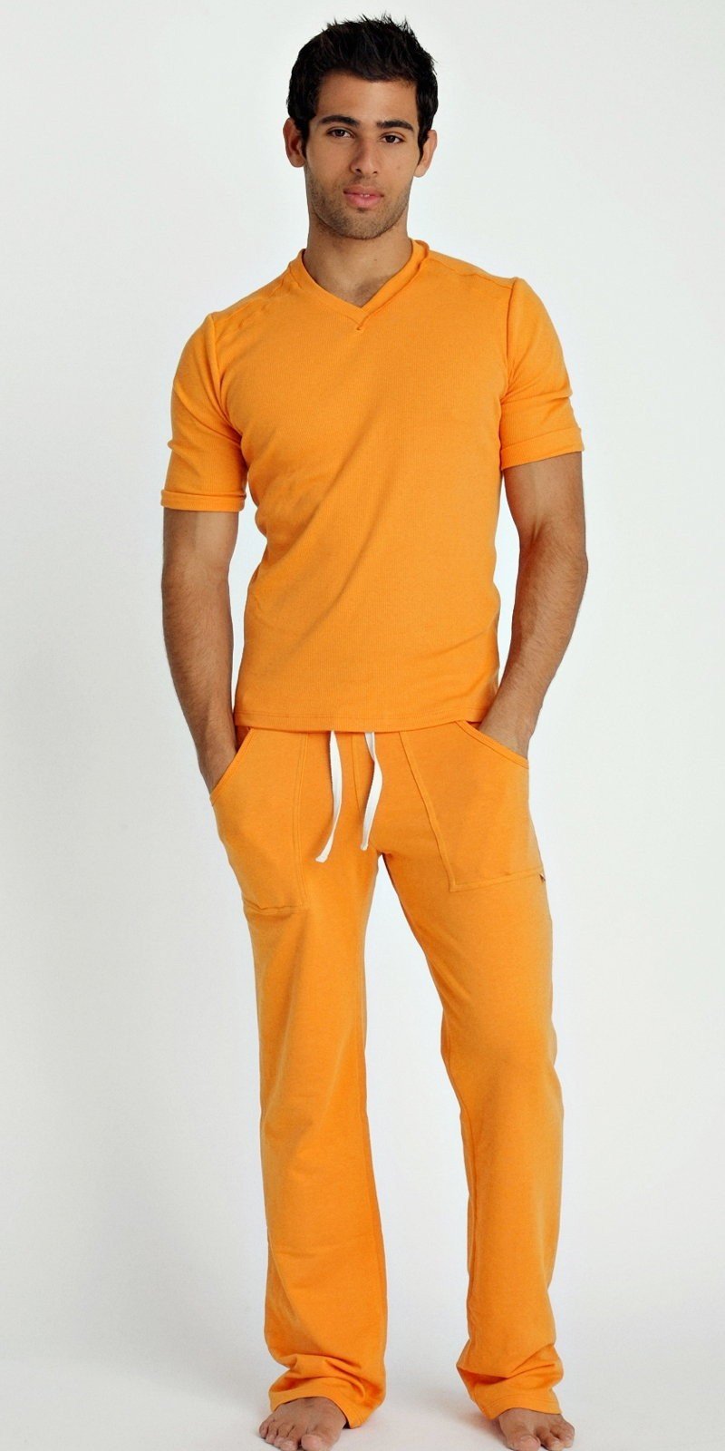 Orange hybrid v-neck short-sleeved t-shirt with matching pants and white drawstrings in lightweight fabric
