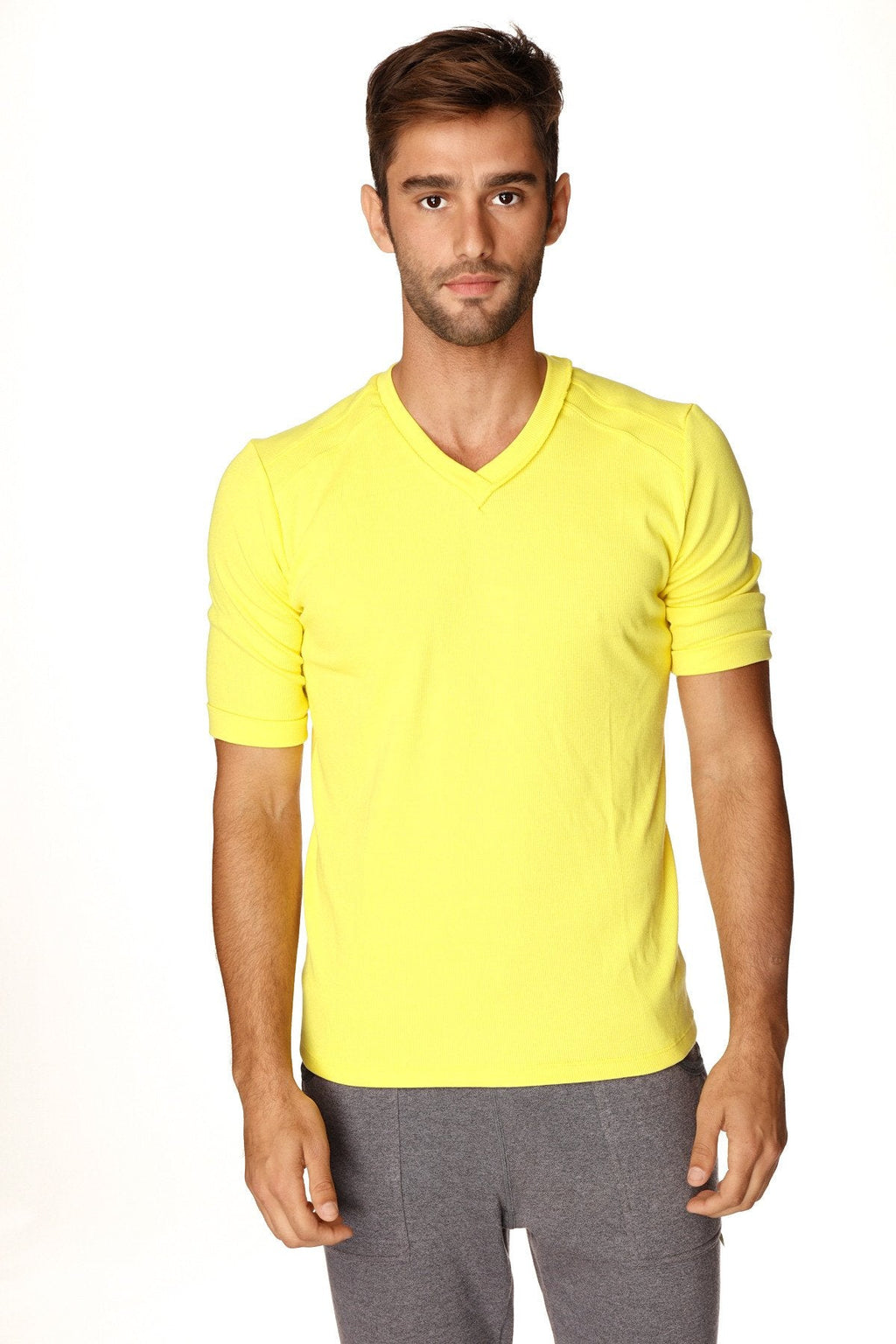 Bright yellow hybrid v-neck short-sleeved t-shirt made from soft breathable fabric ideal for casual wear